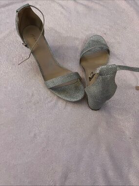 Glitter Ankle-Strap Open-Toe Heels - Silver